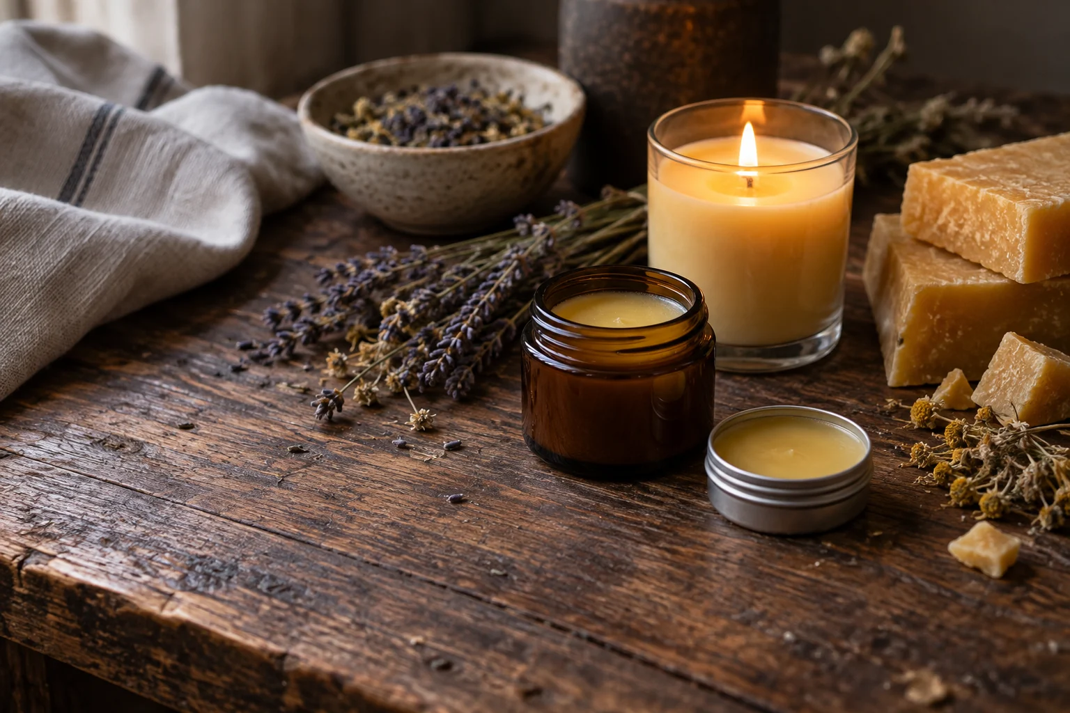 Balm and candle on a worktable