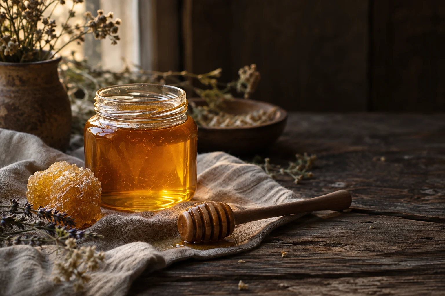 Honey at a rustic table