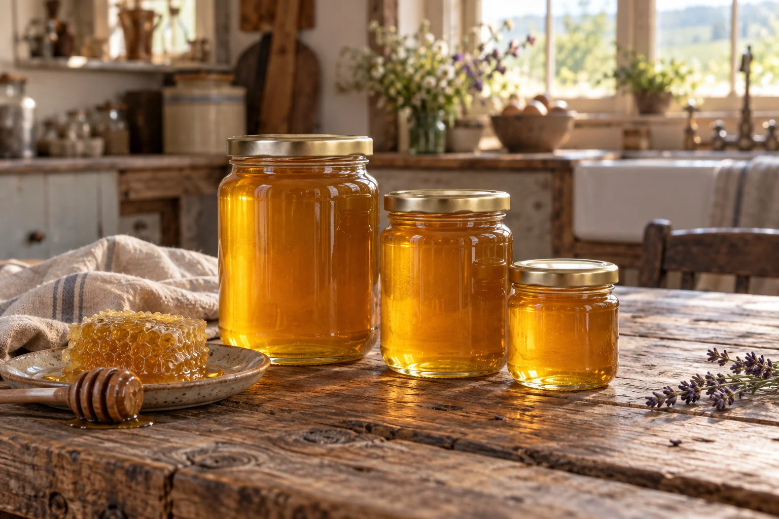 Honey jars arranged on a farmhouse table